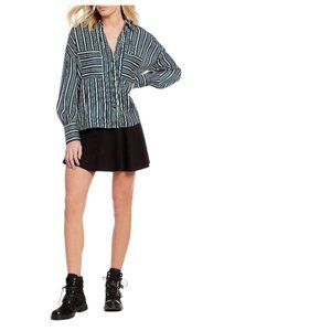 EUC Free People Blue Green Stripe Oversized Mad About You Button Down Shirt